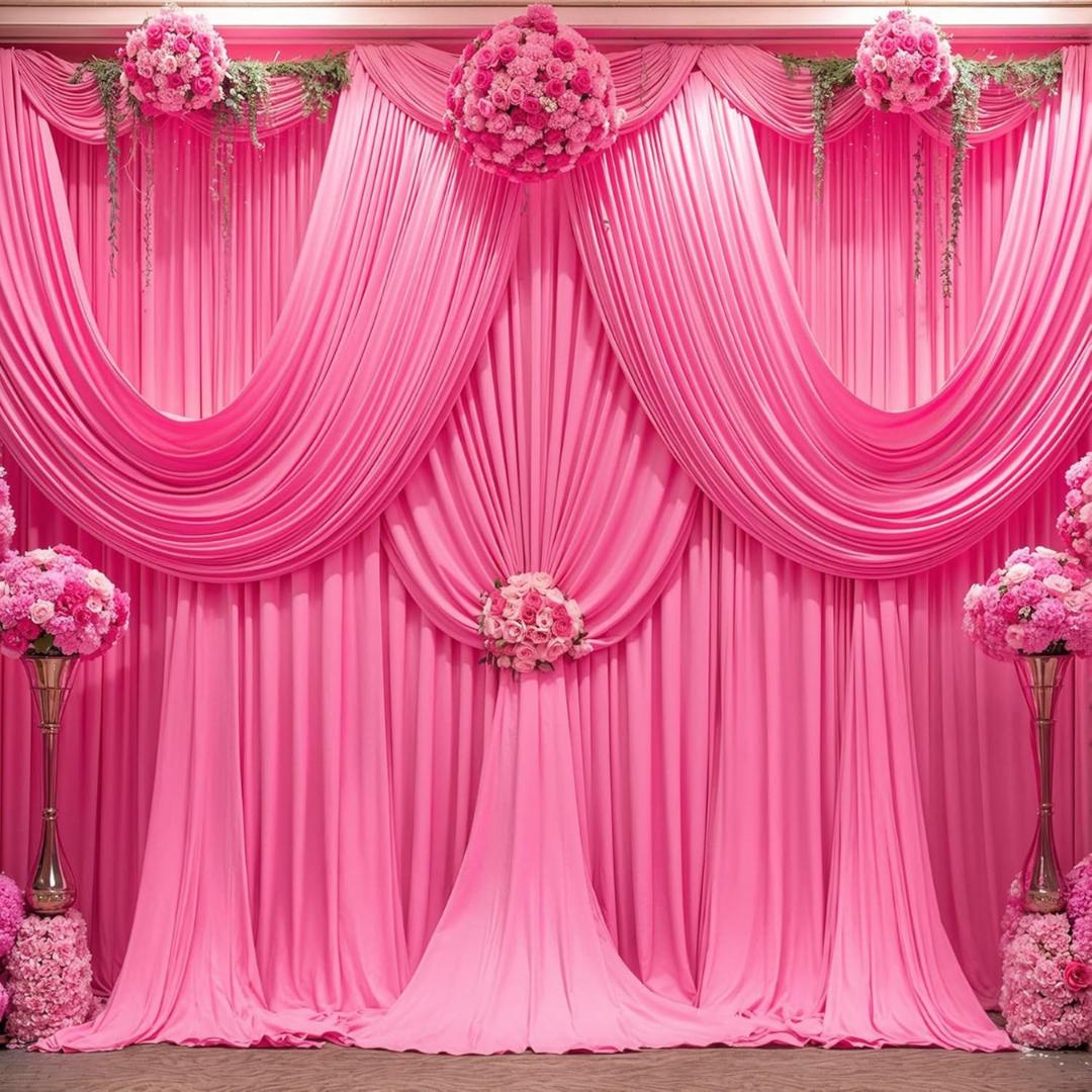 HOT PINK - 5Ft x 15 Ft Wrinkle Free Backdrop Curtains for Parties  - 4 Panels Silky Interlock Backdrop for Weddings Birthday Party Curtains