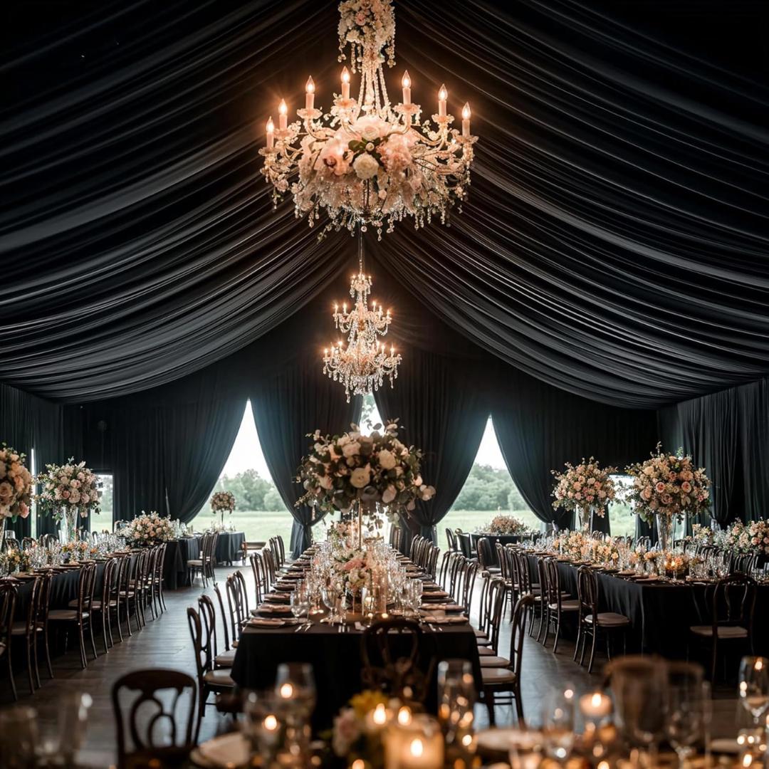 BLACK - 5' x 33 Ft Ceiling Drapes for Wedding Parties, Wrinkle Free Interlock Canopy Tent Draping Ceiling Curtains Arch Drapery for Events