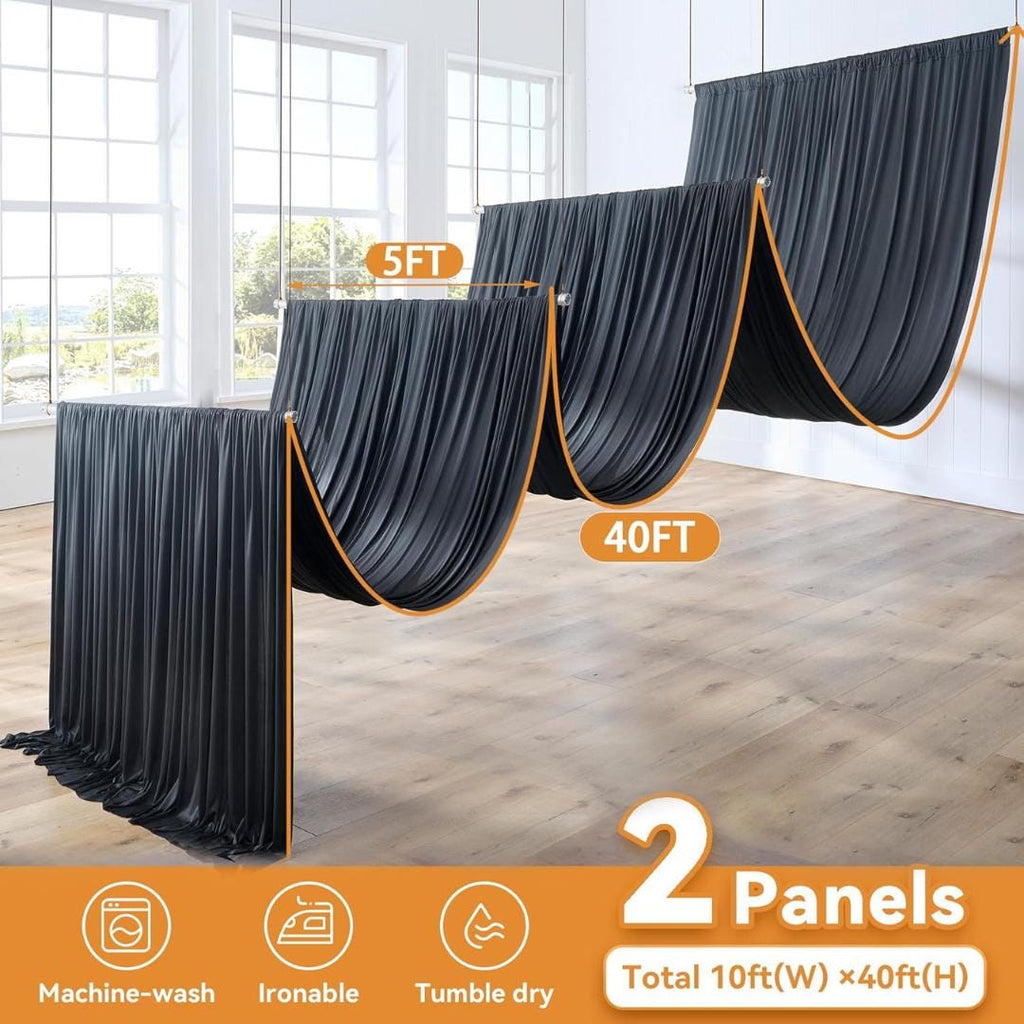 BLACK - 5' x 40 Ft Ceiling Drapes for Wedding Parties, Wrinkle Free Interlock Canopy Tent Draping Ceiling Curtains Arch Drapery for Events