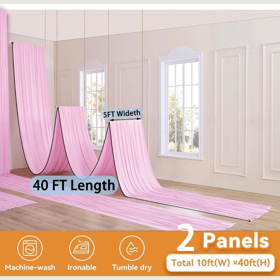 PINK - 5' x 40 Ft Ceiling Drapes for Wedding Parties, Wrinkle Free Interlock Canopy Tent Draping Ceiling Curtains Arch Drapery for Events