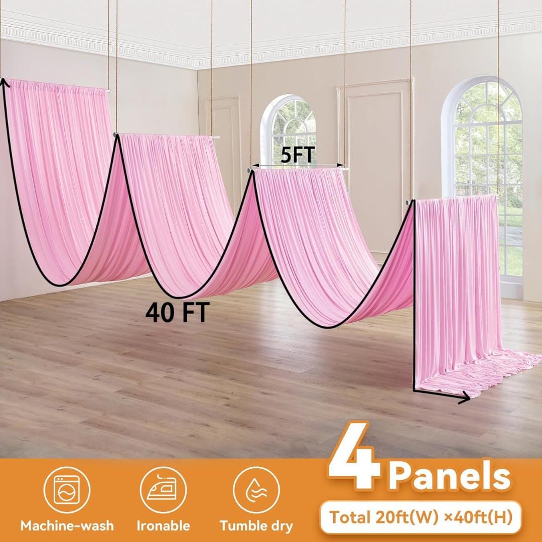PINK - 5' x 40 Ft Ceiling Drapes for Wedding Parties, Wrinkle Free Interlock Canopy Tent Draping Ceiling Curtains Arch Drapery for Events