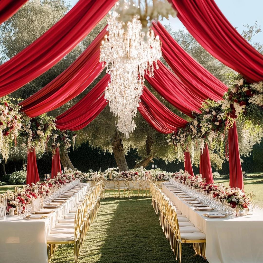 RED - 5' x 33 Ft Ceiling Drapes for Wedding Parties, Wrinkle Free Interlock Canopy Tent Draping Ceiling Curtains Arch Drapery for Events
