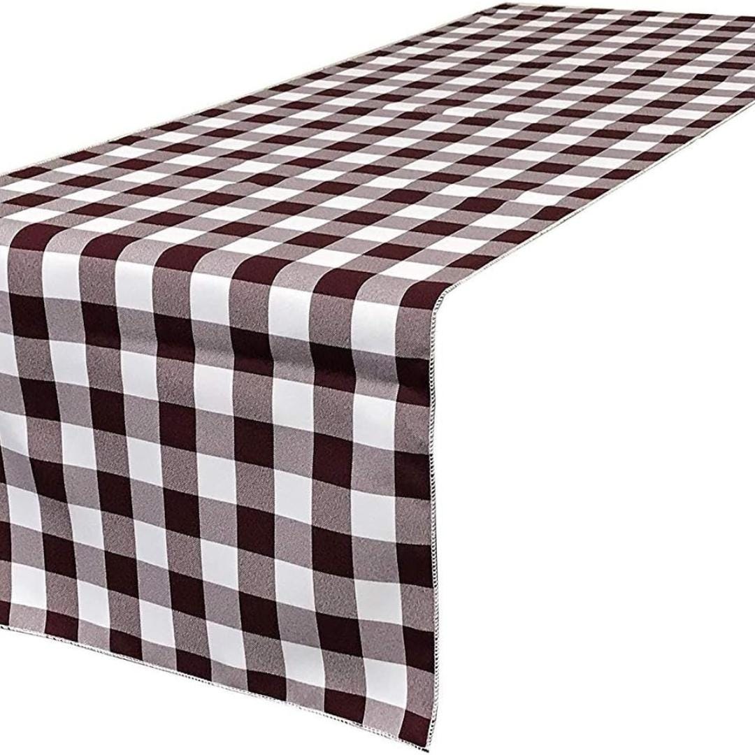 14" Wide Polyester Poplin Gingham, Checkered, Plaid Table Runner (White & Burgundy , 14" Wide x 90" Long) for Party Sweetest Day Wedding