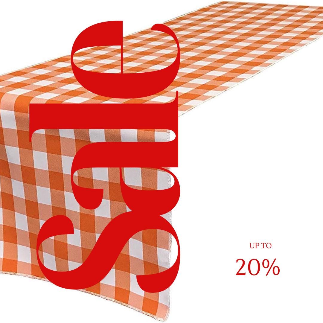 14" Wide Polyester Poplin Gingham, Checkered, Plaid Table Runner (White & Orange , 14" Wide x 90" Long) for Party Sweetest Day Wedding
