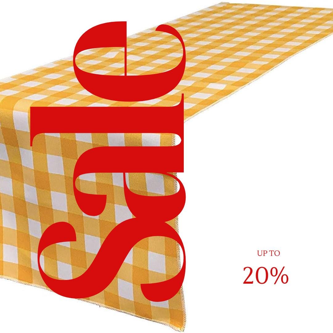 14" Wide Polyester Poplin Gingham, Checkered, Plaid Table Runner (White & Dk Yellow , 14" Wide x 90" Long) for Party Sweetest Day Wedding