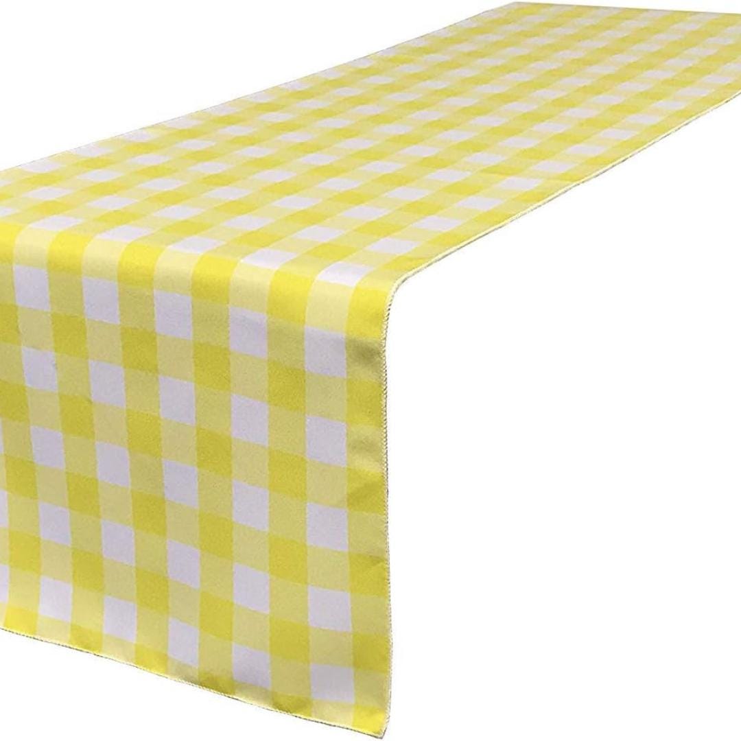 14" Wide Polyester Poplin Gingham, Checkered, Plaid Table Runner (White & Lt Yellow , 14" Wide x 90" Long) for Party Sweetest Day Wedding
