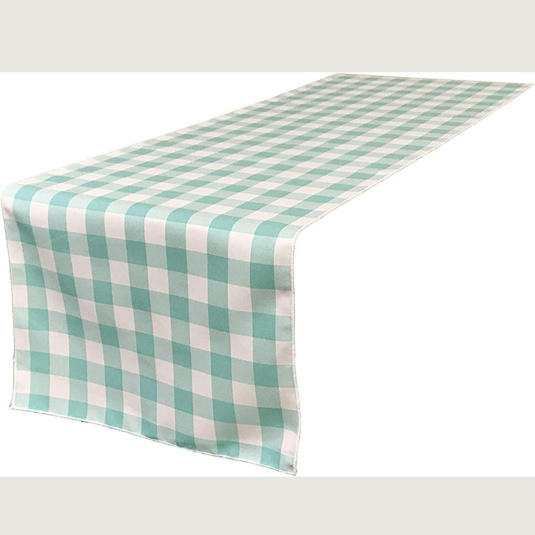 14" Wide Polyester Poplin Gingham, Checkered, Plaid Table Runner (White & Aqua , 14" Wide x 90" Long) for Party Sweetest Day Wedding