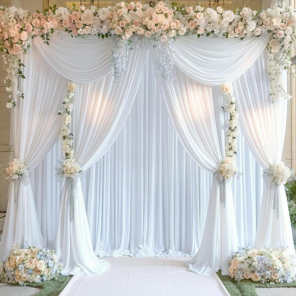 WHITE - 5Ft x 15 Ft Wrinkle Free Backdrop Curtains for Parties  - 4 Panels Silky Interlock Backdrop for Weddings Birthday Party Curtains