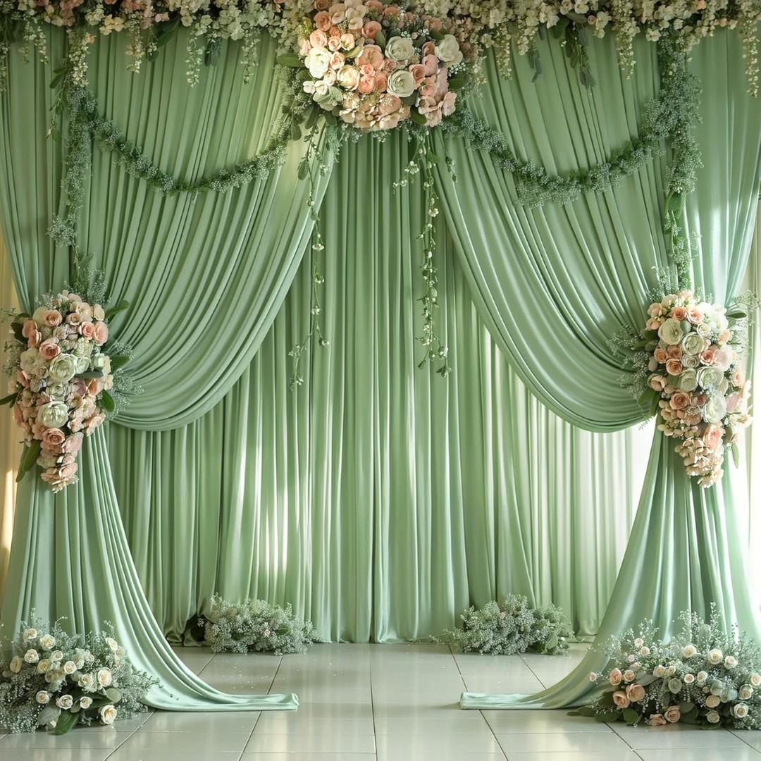 SAGE - 5Ft x 15 Ft Wrinkle Free Backdrop Curtains for Parties  - 4 Panels Silky Interlock Backdrop for Weddings Birthday Party Curtains