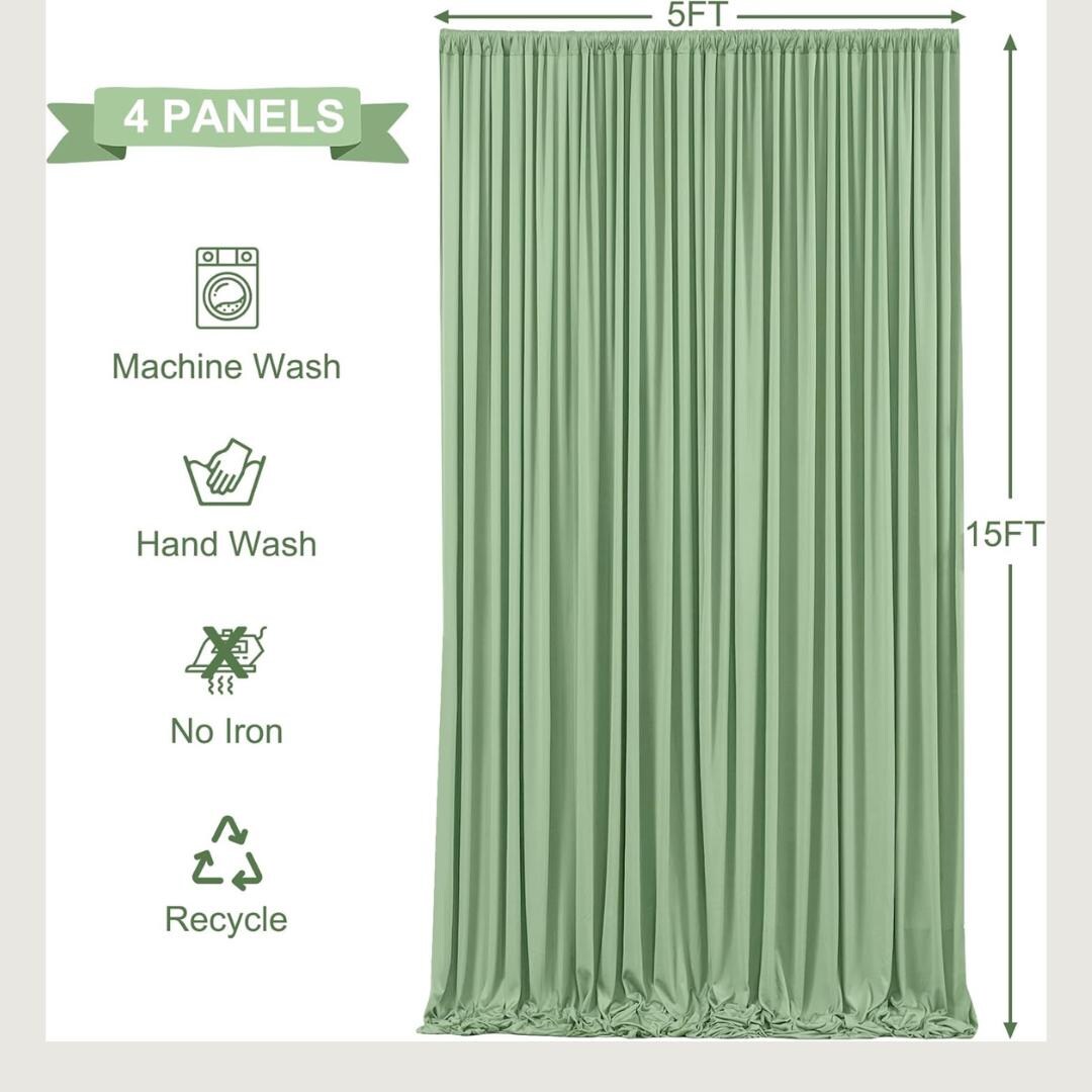 SAGE - 5Ft x 15 Ft Wrinkle Free Backdrop Curtains for Parties  - 4 Panels Silky Interlock Backdrop for Weddings Birthday Party Curtains