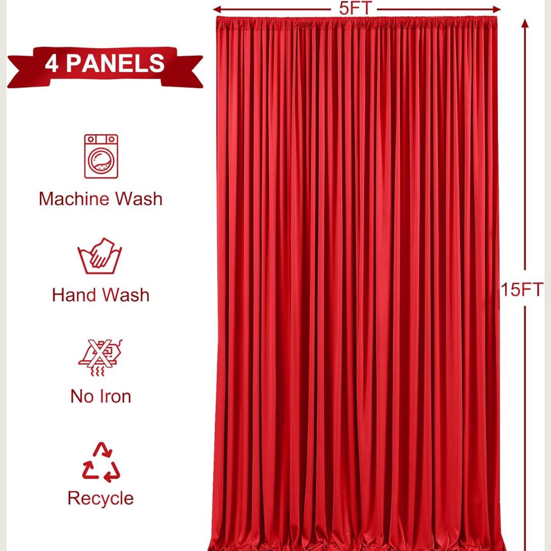 RED - 5Ft x 15 Ft Wrinkle Free Backdrop Curtains for Parties  - 4 Panels Silky Interlock Backdrop for Weddings Birthday Party Curtains
