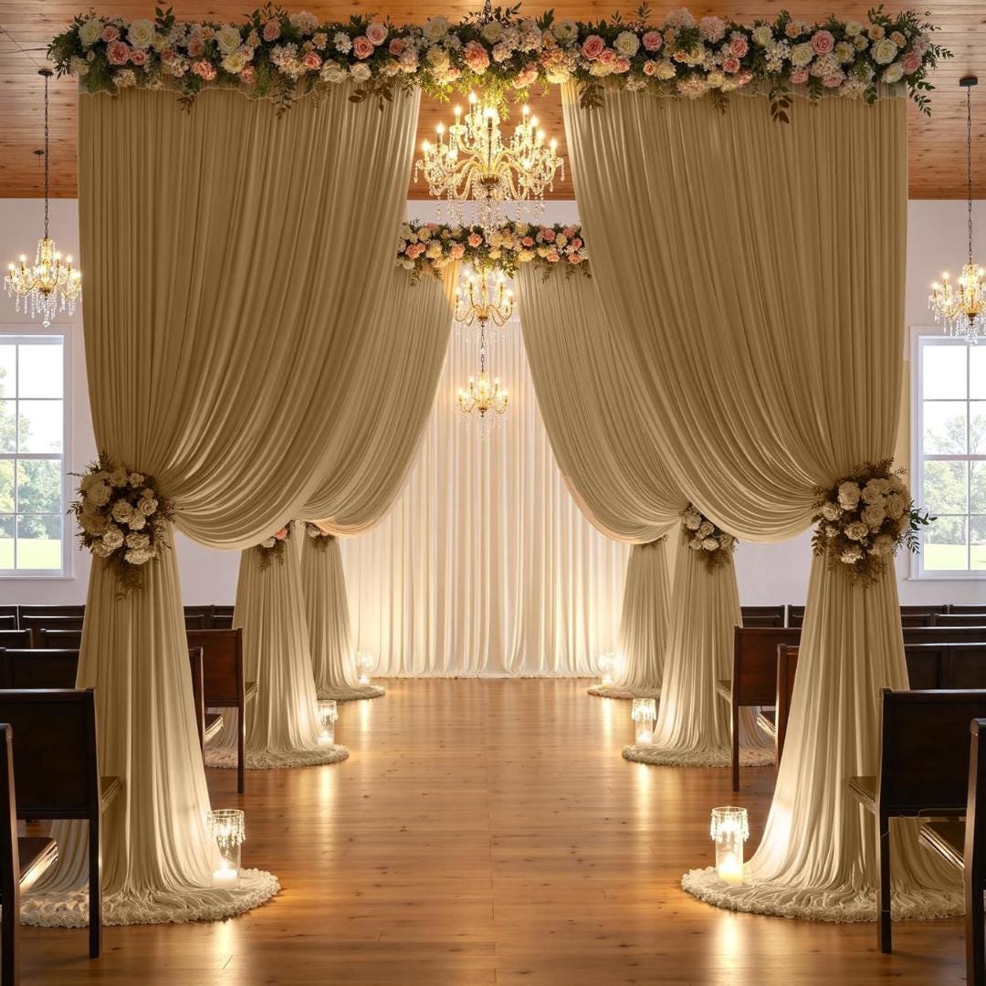 CHAMPAGNE - 5 Ft x 15Ft Wrinkle Free Backdrop Curtains for Parties  - 4 Panels Silky Interlock Backdrop for Weddings Birthday Party Curtains