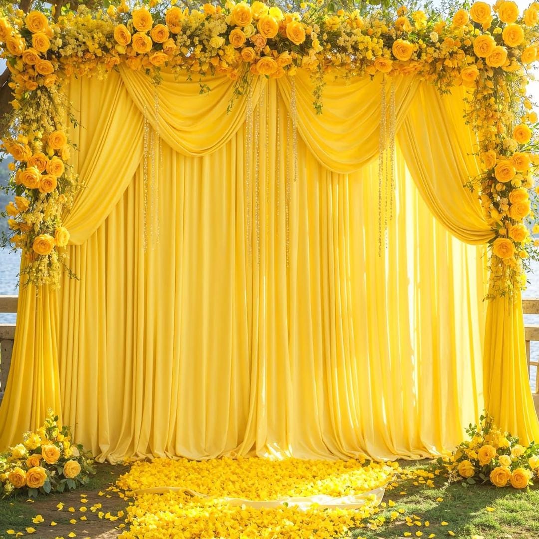 YELLOW - Wrinkle Free Backdrop Curtains for Parties  - 4 Panels 5x15ft Silky Interlock Backdrop for Weddings Birthday Party Curtains
