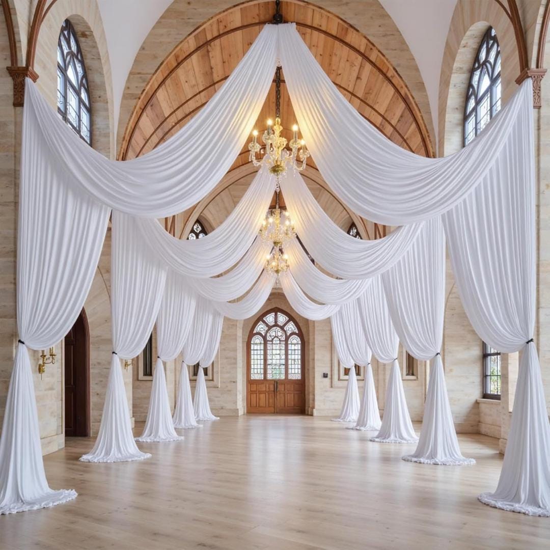 WHITE - 5' x 40 Ft Ceiling Drapes for Wedding Parties, Wrinkle Free Interlock Canopy Tent Draping Ceiling Curtains Arch Drapery for Events