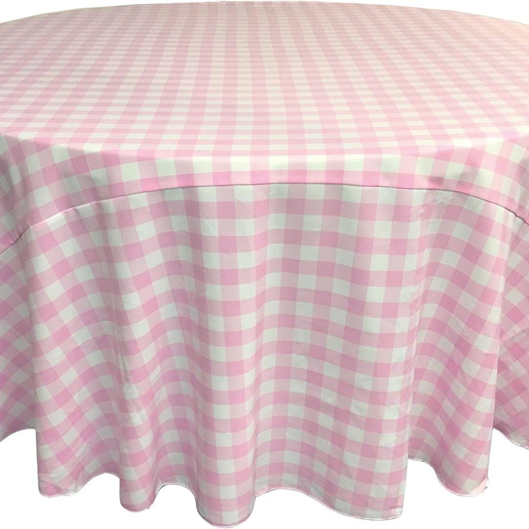 WHITE/PINK - Polyester Gingham Checkered Tablecloth - Round Table Cover Overlay for Wedding Birthday Party Baby Bridal Shower. Choose Size