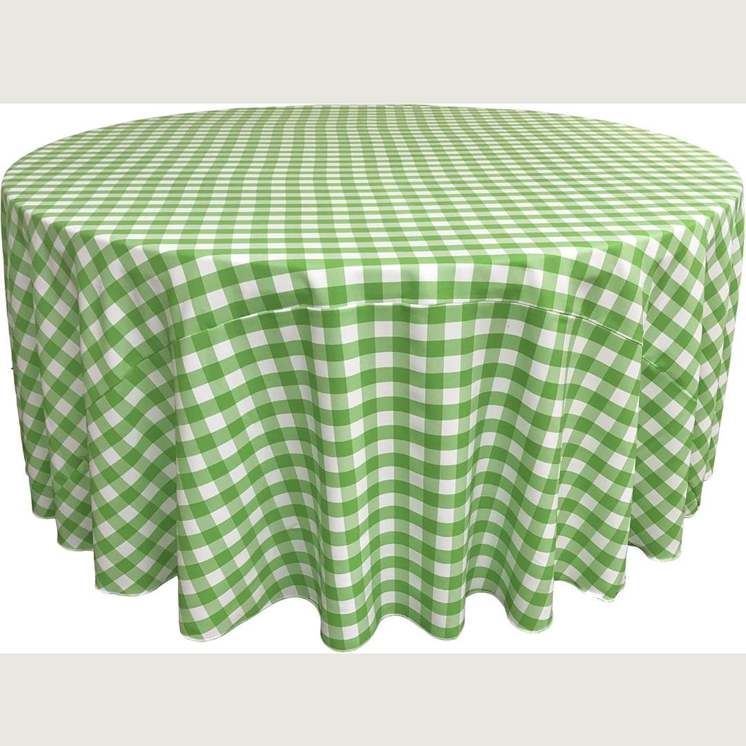 WHITE/LIME - Polyester Gingham Checkered Tablecloth - Round Table Cover Overlay for Wedding Birthday Party Baby Bridal Shower. Choose Size