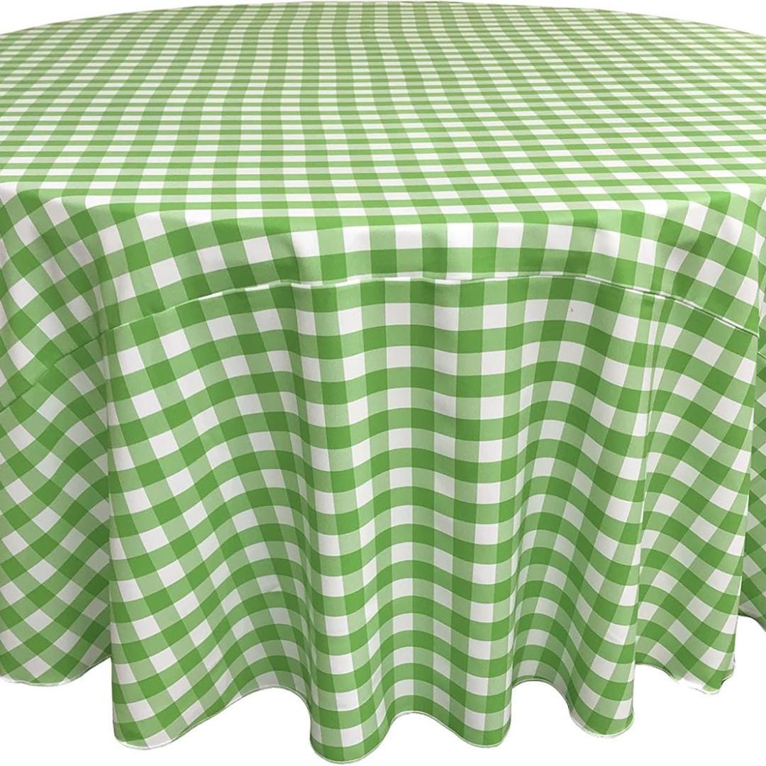 WHITE/LIME - Polyester Gingham Checkered Tablecloth - Round Table Cover Overlay for Wedding Birthday Party Baby Bridal Shower. Choose Size