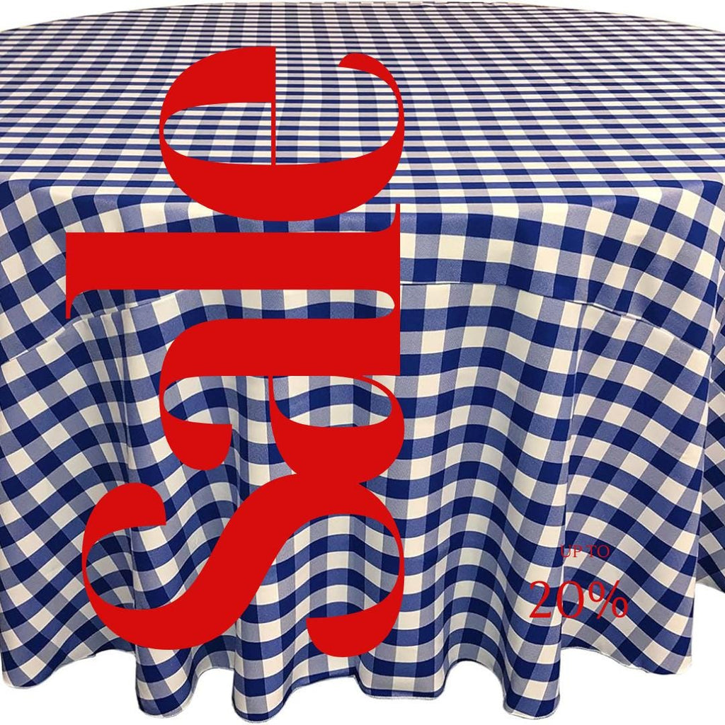 WHITE/ROYAL - Polyester Gingham Checkered Tablecloth - Round Table Cover Overlay for Wedding Birthday Party Baby Bridal Shower. Choose Size