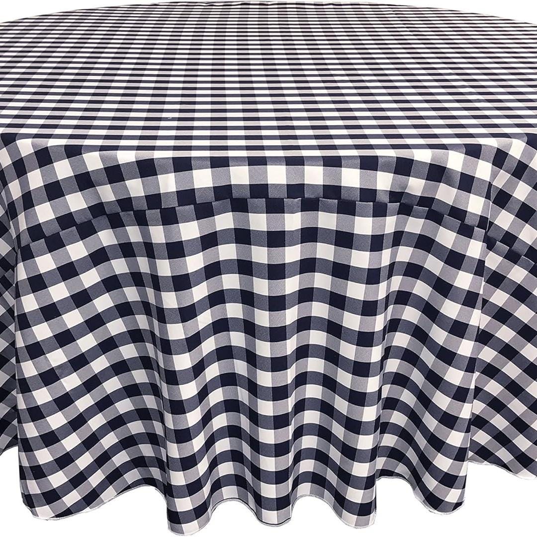 WHITE/NAVY - Polyester Gingham Checkered Tablecloth - Round Table Cover Overlay for Wedding Birthday Party Baby Bridal Shower. Choose Size
