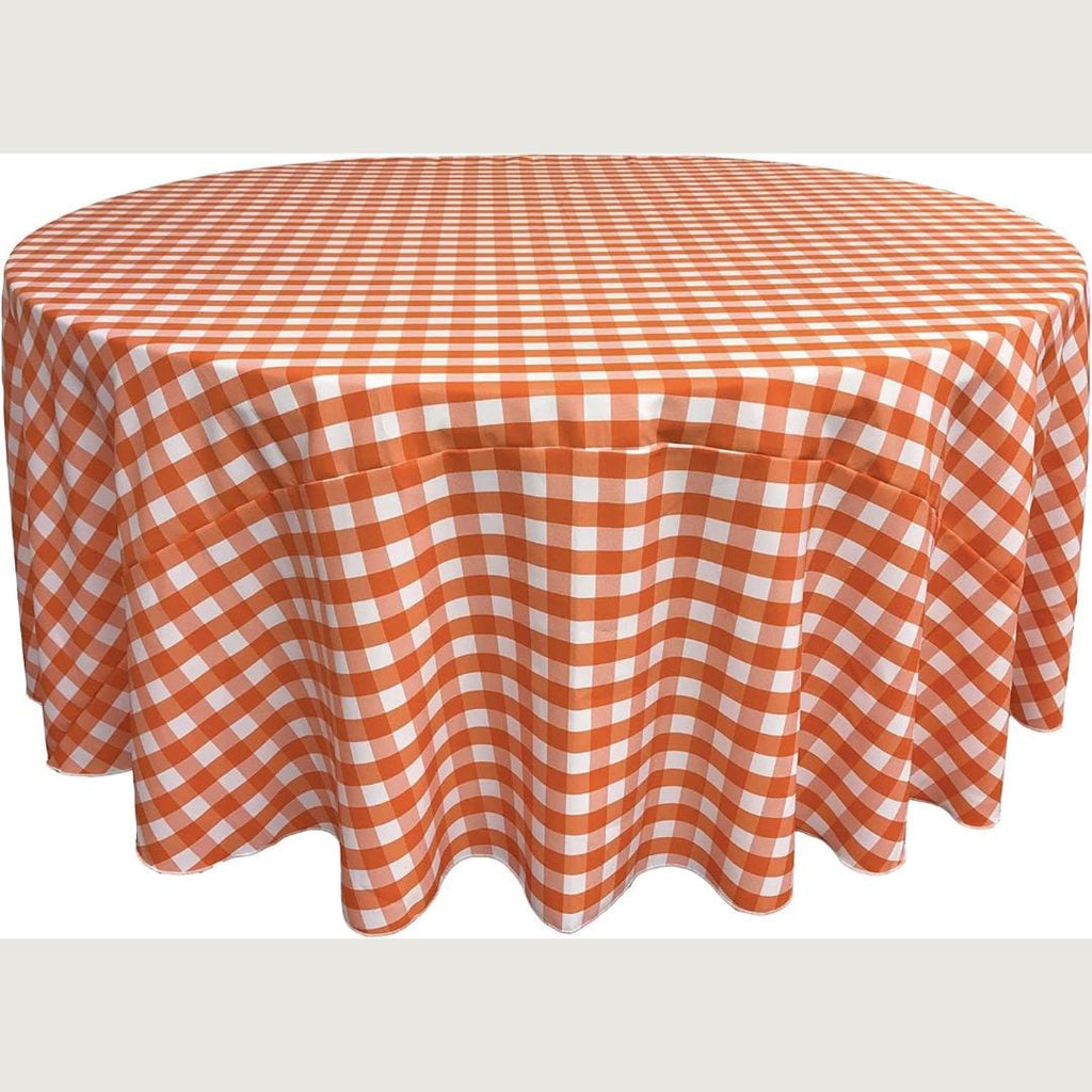 WHITE/ORANGE - Polyester Gingham Checkered Tablecloth - Round Table Cover Overlay for Wedding Birthday Party Baby Bridal Shower. Choose Size