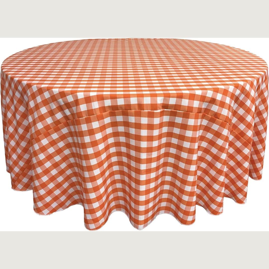 WHITE/ORANGE - Polyester Gingham Checkered Tablecloth - Round Table Cover Overlay for Wedding Birthday Party Baby Bridal Shower. Choose Size