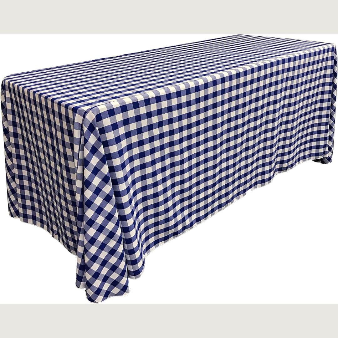 WHITE/ROYAL - Polyester Gingham Checkered Rectangular - Table Cover Overlay for Wedding Birthday Party Baby Bridal Shower. Choose Size