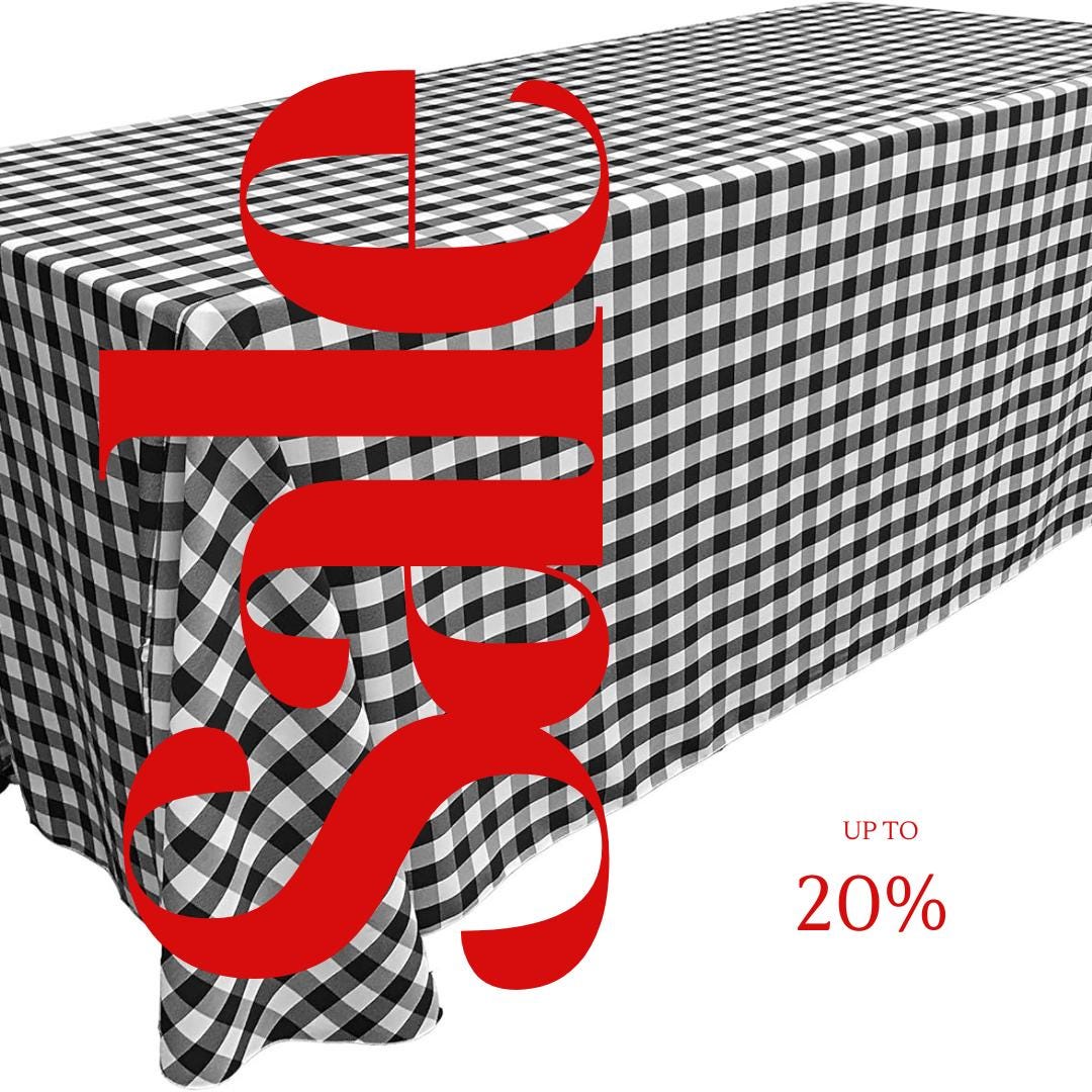 WHITE/BLACK - Polyester Gingham Checkered Rectangular - Table Cover Overlay for Wedding Birthday Party Baby Bridal Shower. Choose Size