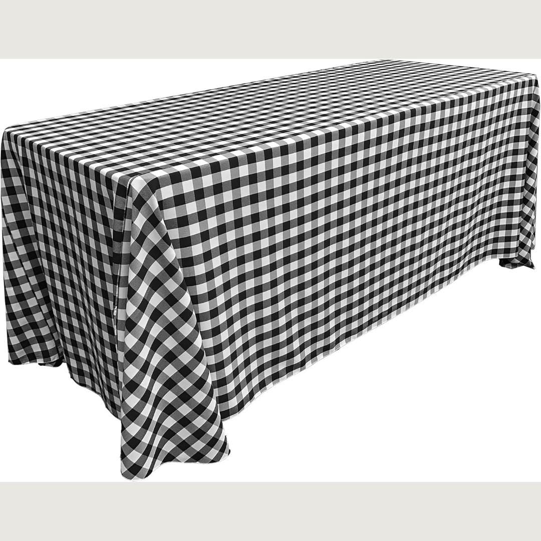 WHITE/BLACK - Polyester Gingham Checkered Rectangular - Table Cover Overlay for Wedding Birthday Party Baby Bridal Shower. Choose Size