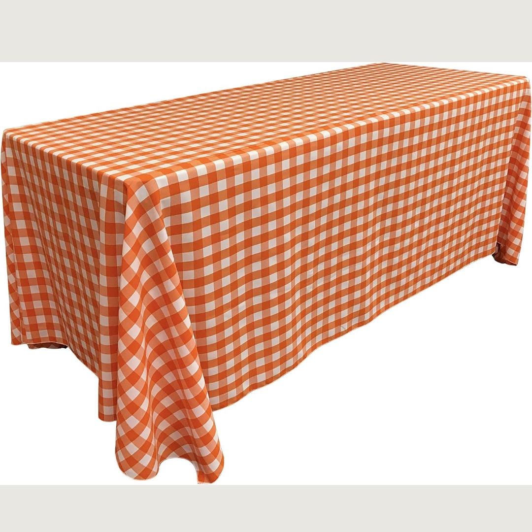 WHITE/ORANGE - Polyester Gingham Checkered Rectangular - Table Cover Overlay for Wedding Birthday Party Baby Bridal Shower. Choose Size