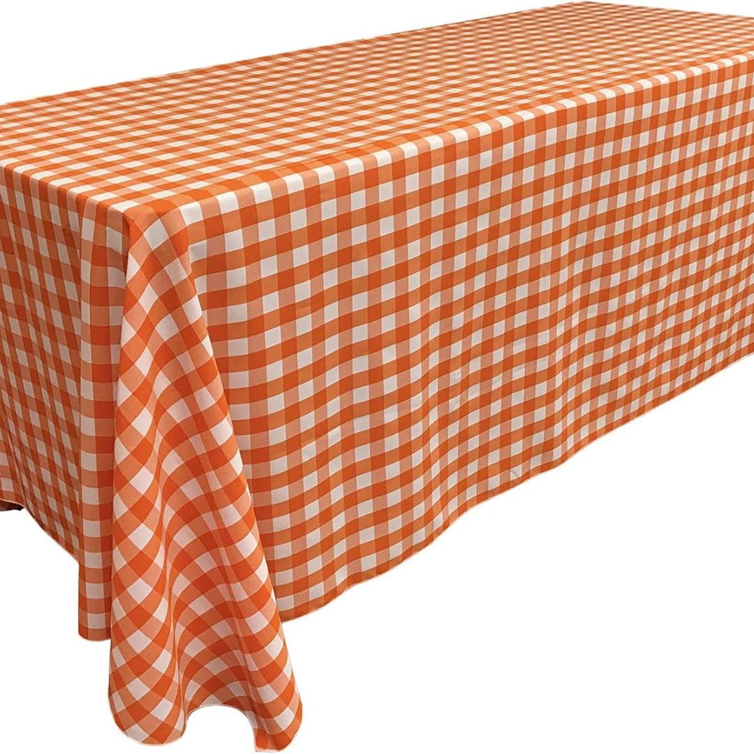 WHITE/ORANGE - Polyester Gingham Checkered Rectangular - Table Cover Overlay for Wedding Birthday Party Baby Bridal Shower. Choose Size