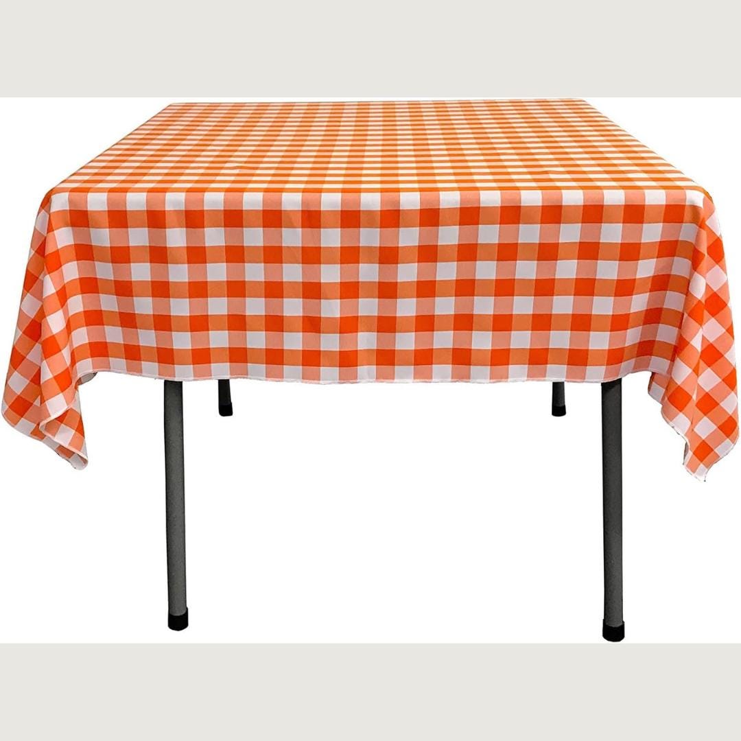 WHITE/ORANGE - Gingham Overlay - Checkered Tablecloth for Parties - Farmhouse Tablecloth - Spring Tablecloth - Picnic Tablecloth