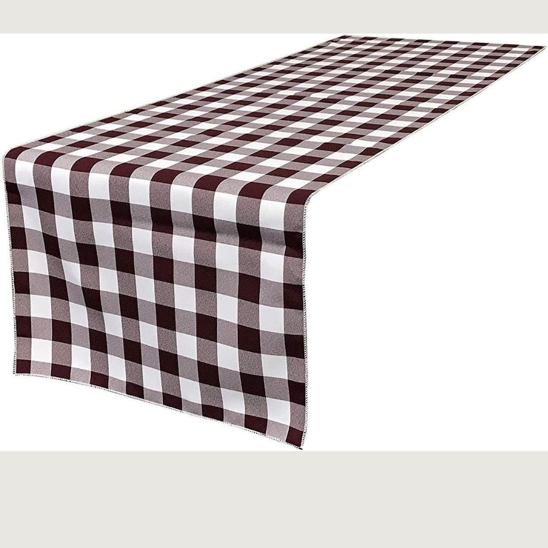 14" Wide Polyester Poplin Gingham, Checkered, Plaid Table Runner (White & Burgundy , 14" Wide x 90" Long) for Party Sweetest Day Wedding
