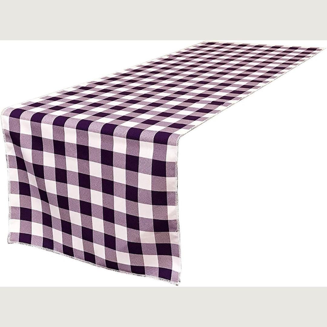 14" Wide Polyester Poplin Gingham, Checkered, Plaid Table Runner (White & Purple , 14" Wide x 90" Long) for Party Sweetest Day Wedding