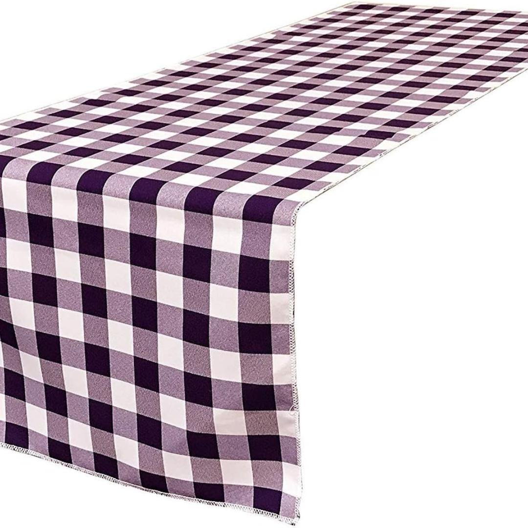 14" Wide Polyester Poplin Gingham, Checkered, Plaid Table Runner (White & Purple , 14" Wide x 90" Long) for Party Sweetest Day Wedding
