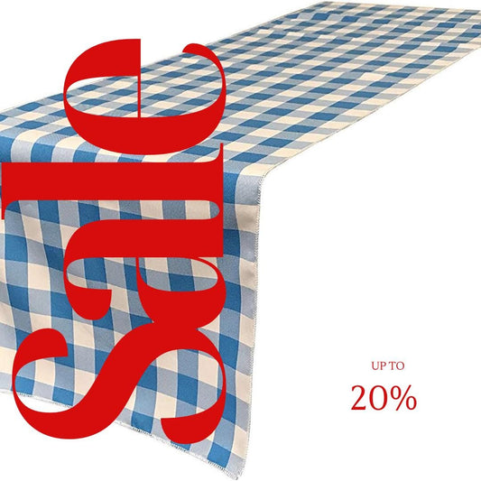 14" Wide Polyester Poplin Gingham, Checkered, Plaid Table Runner (White & Turquoise , 14" Wide x 90" Long) for Party Sweetest Day Wedding