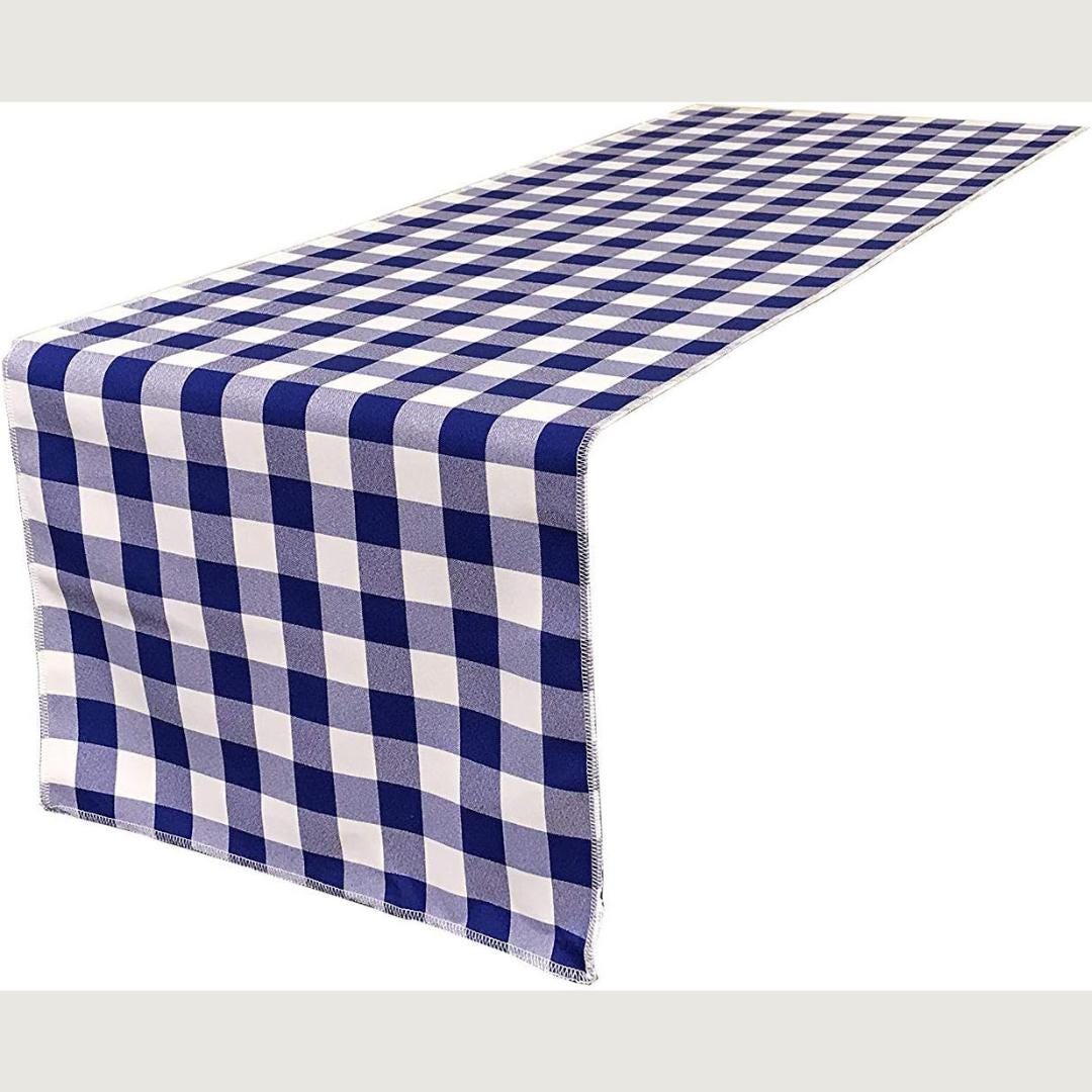 14" Wide Polyester Poplin Gingham, Checkered, Plaid Table Runner (White & Royal Blue , 14" Wide x 90" Long) for Party Sweetest Day Wedding
