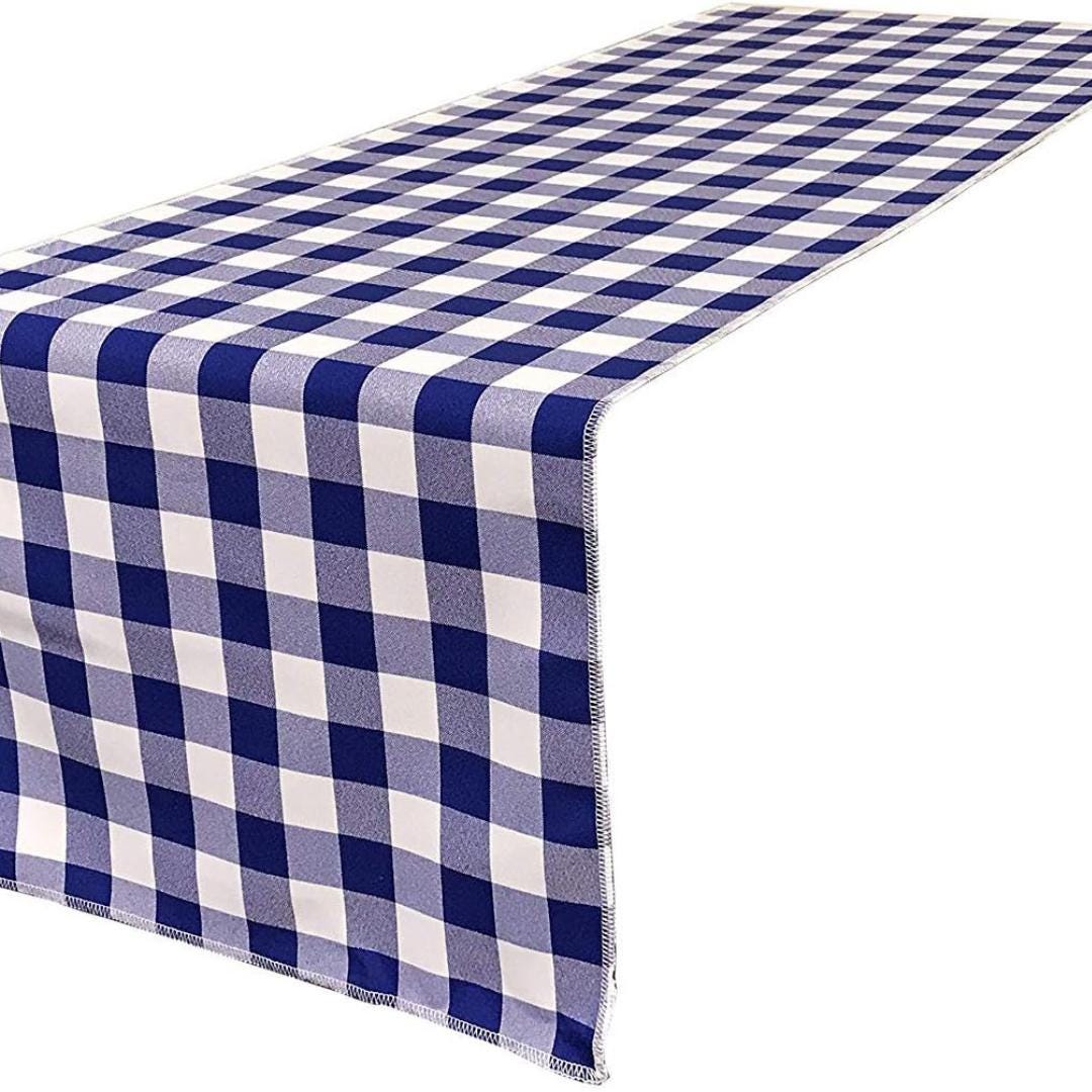 14" Wide Polyester Poplin Gingham, Checkered, Plaid Table Runner (White & Royal Blue , 14" Wide x 90" Long) for Party Sweetest Day Wedding