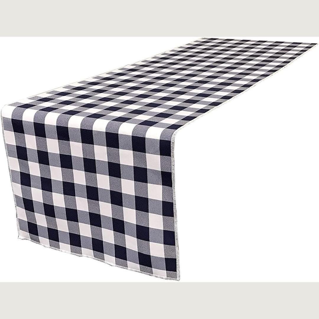 14" Wide Polyester Poplin Gingham, Checkered, Plaid Table Runner (White & Navy , 14" Wide x 90" Long) for Party Sweetest Day Wedding