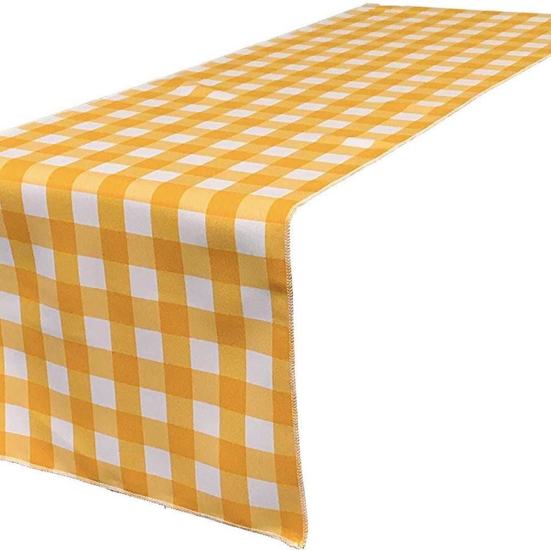 14" Wide Polyester Poplin Gingham, Checkered, Plaid Table Runner (White & Dk Yellow , 14" Wide x 90" Long) for Party Sweetest Day Wedding
