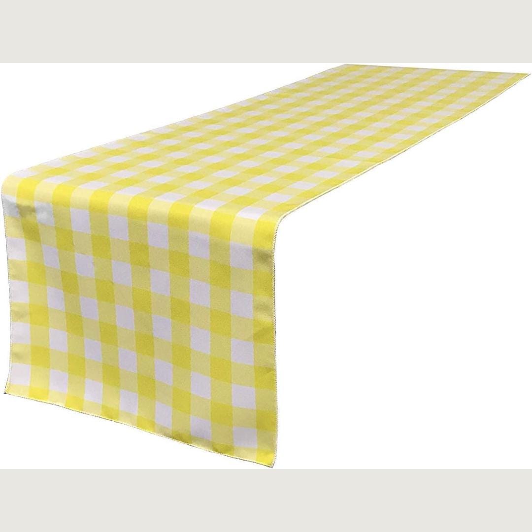 14" Wide Polyester Poplin Gingham, Checkered, Plaid Table Runner (White & Lt Yellow , 14" Wide x 90" Long) for Party Sweetest Day Wedding