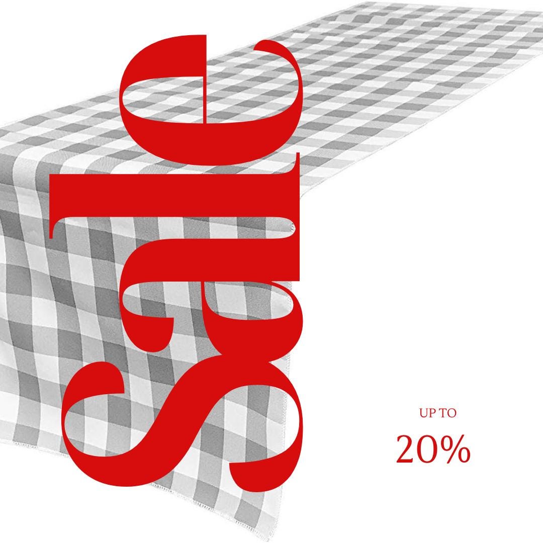 14" Wide Polyester Poplin Gingham, Checkered, Plaid Table Runner (White & Silver , 14" Wide x 90" Long) for Party Sweetest Day Wedding