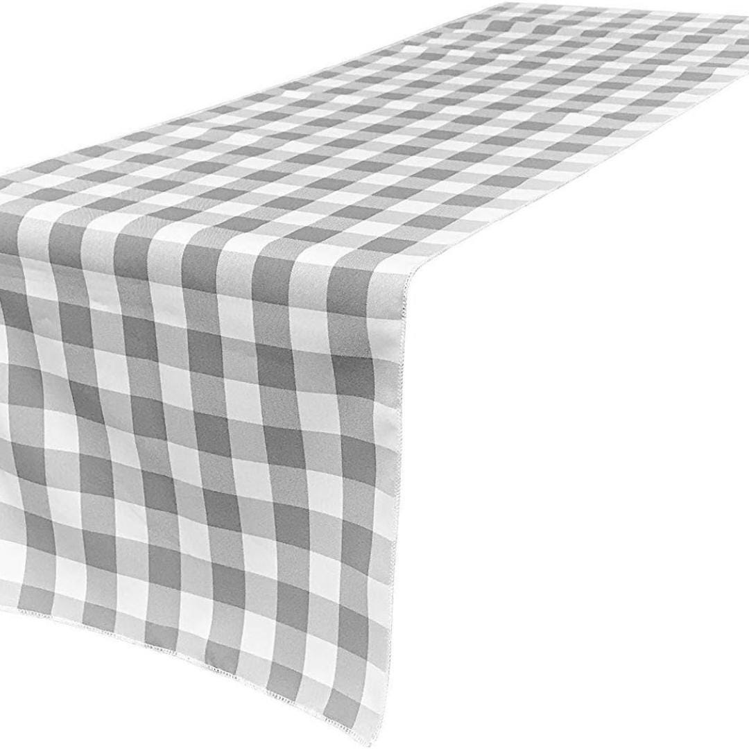 14" Wide Polyester Poplin Gingham, Checkered, Plaid Table Runner (White & Silver , 14" Wide x 90" Long) for Party Sweetest Day Wedding