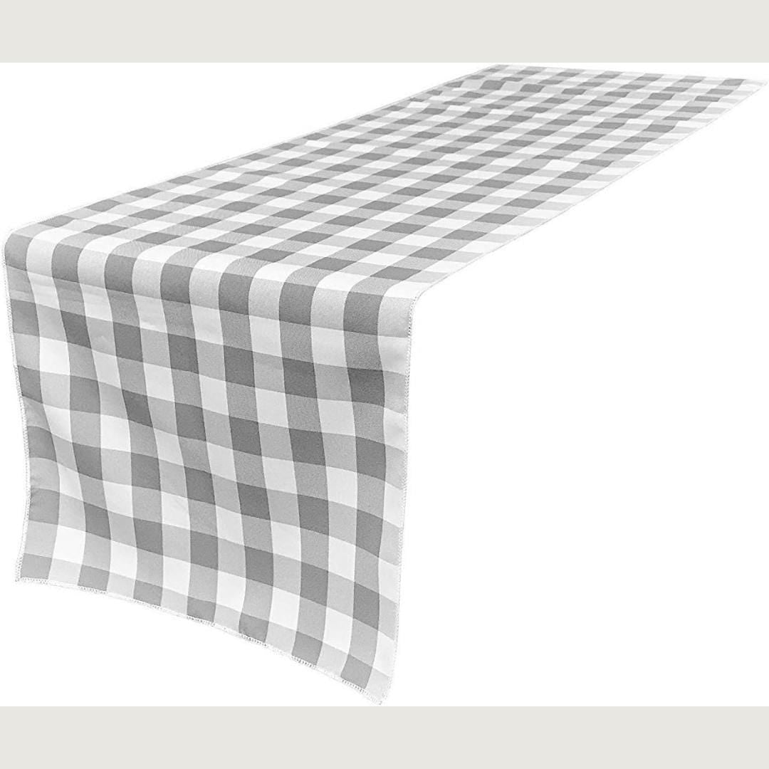14" Wide Polyester Poplin Gingham, Checkered, Plaid Table Runner (White & Silver , 14" Wide x 90" Long) for Party Sweetest Day Wedding