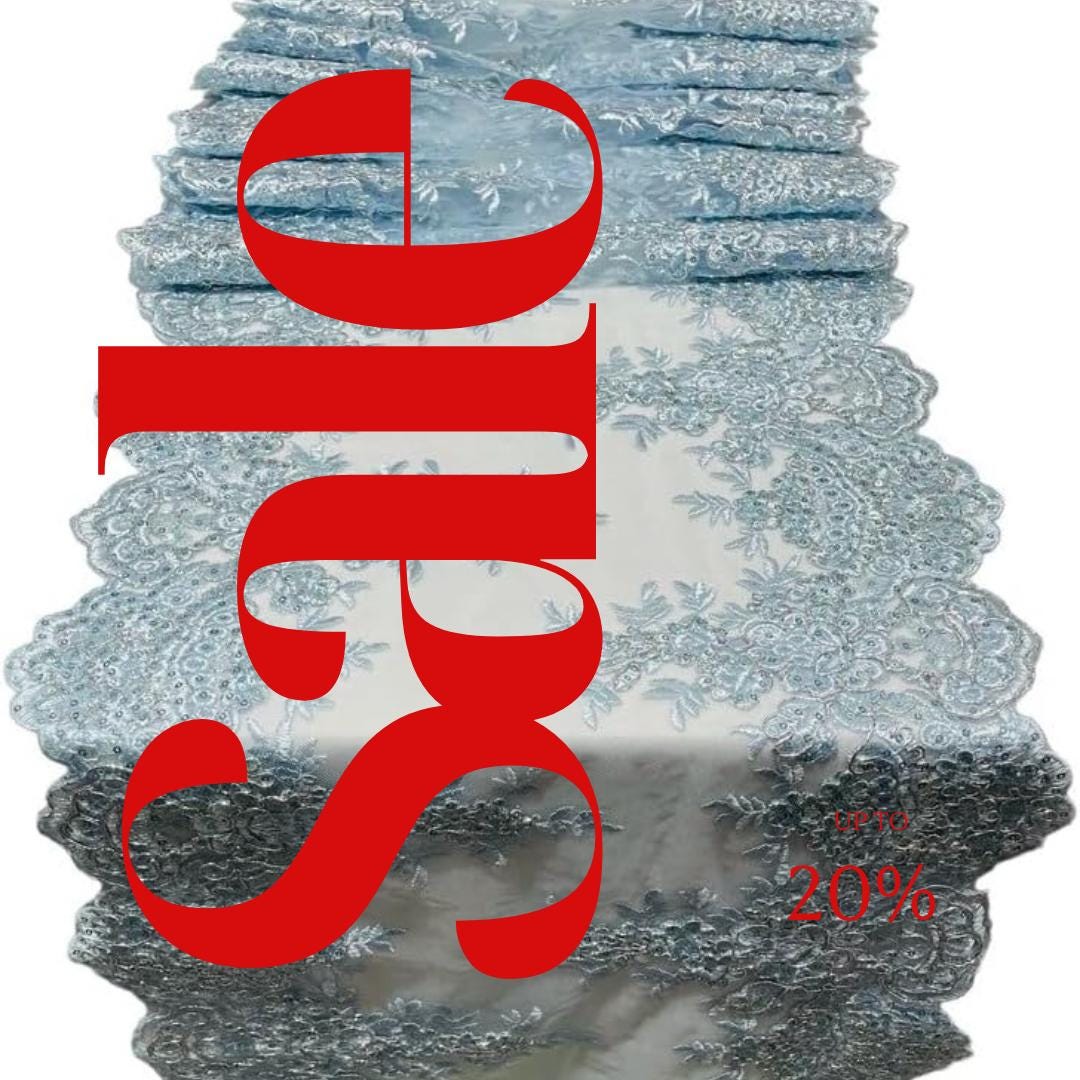 LT BLUE - 14" Wide X 90" Long Sequins Metallic Embroidered Lace on Mesh Fabric, Trim Lace, Table Runner