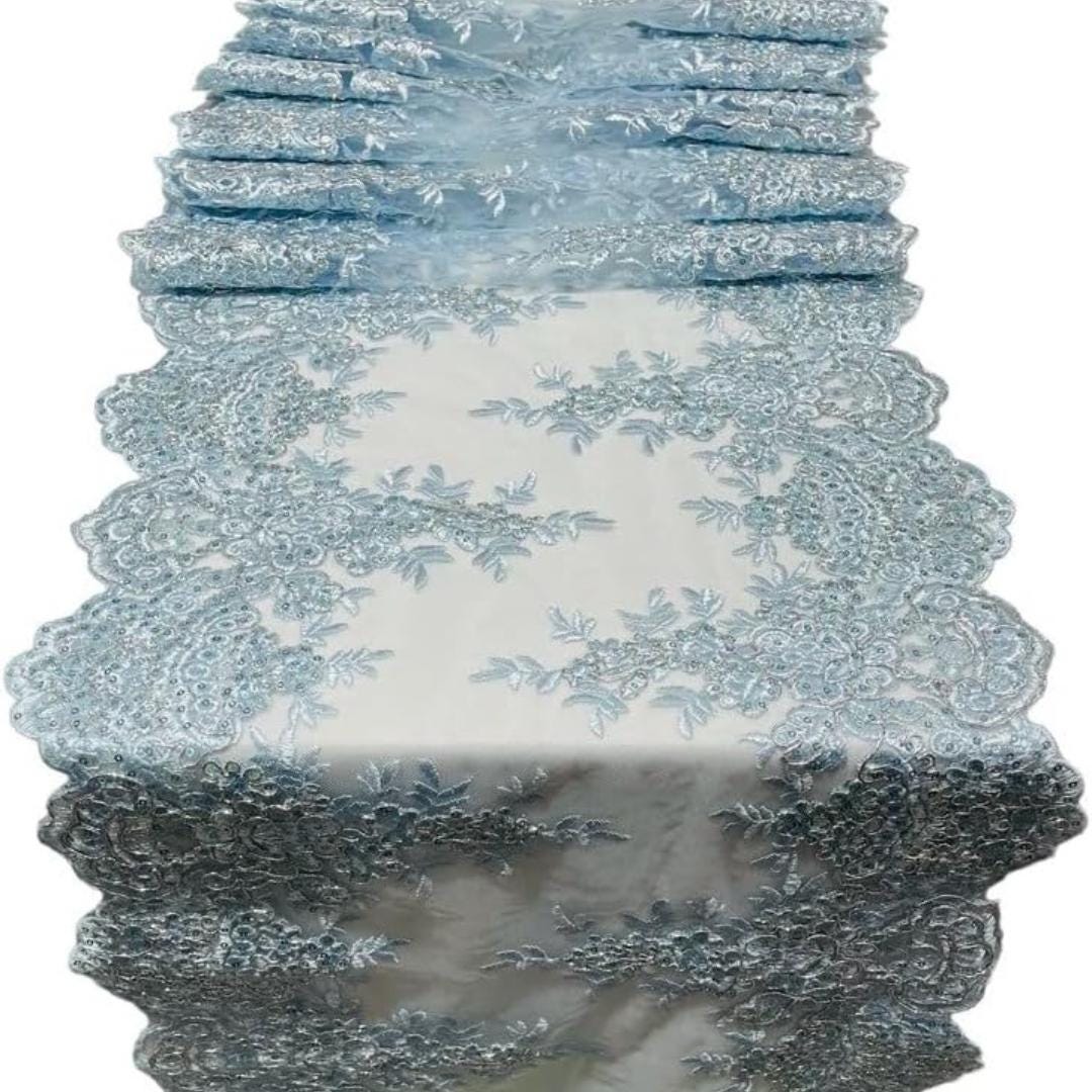 LT BLUE - 14" Wide X 90" Long Sequins Metallic Embroidered Lace on Mesh Fabric, Trim Lace, Table Runner
