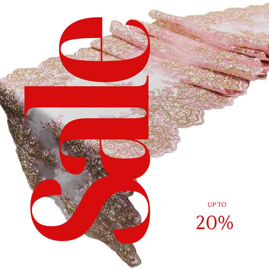 LT PINK - 14" Wide X 90" Long Sequins Metallic Embroidered Lace on Mesh Fabric, Trim Lace, Table Runner