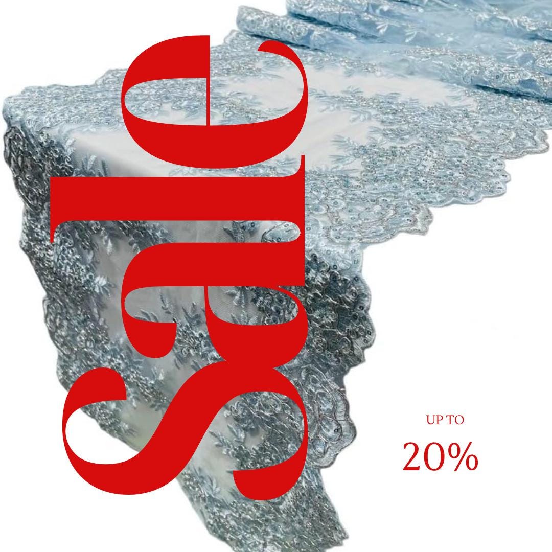 LT BLUE - 14" Wide X 90" Long Sequins Metallic Embroidered Lace on Mesh Fabric, Trim Lace, Table Runner