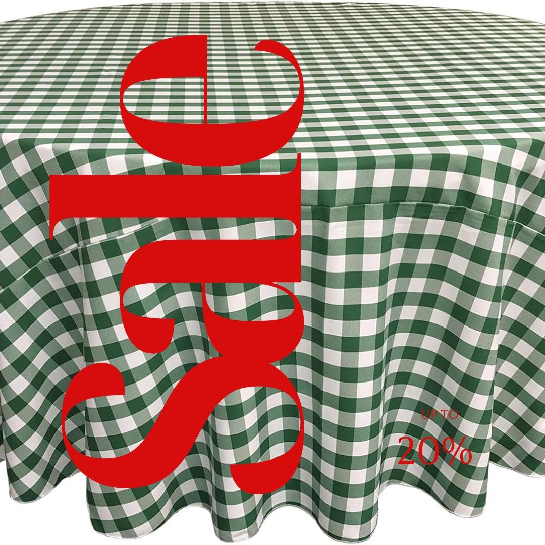 WHITE/HUNTER - Polyester Gingham Checkered Tablecloth - Round Table Cover Overlay for Wedding Birthday Party Baby Bridal Shower. Choose Size