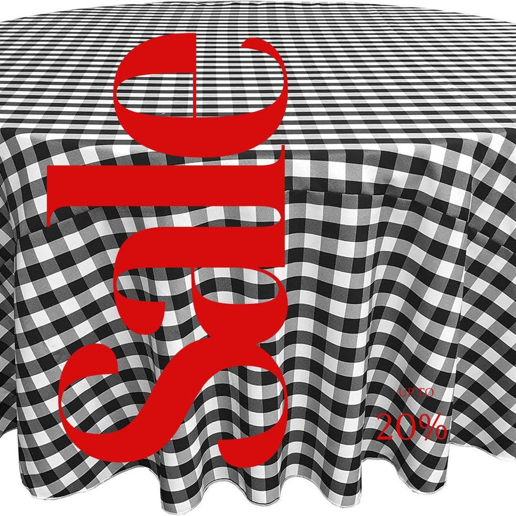 WHITE/BLACK - Polyester Gingham Checkered Tablecloth - Round Table Cover Overlay for Wedding Birthday Party Baby Bridal Shower. Choose Size
