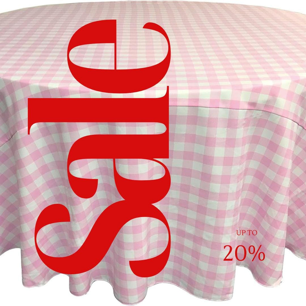 WHITE/PINK - Polyester Gingham Checkered Tablecloth - Round Table Cover Overlay for Wedding Birthday Party Baby Bridal Shower. Choose Size